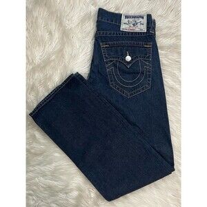 True Religion Men’s Straight Flap Pocket Jeans Dark Wash Brown Gold Stitch 34x32